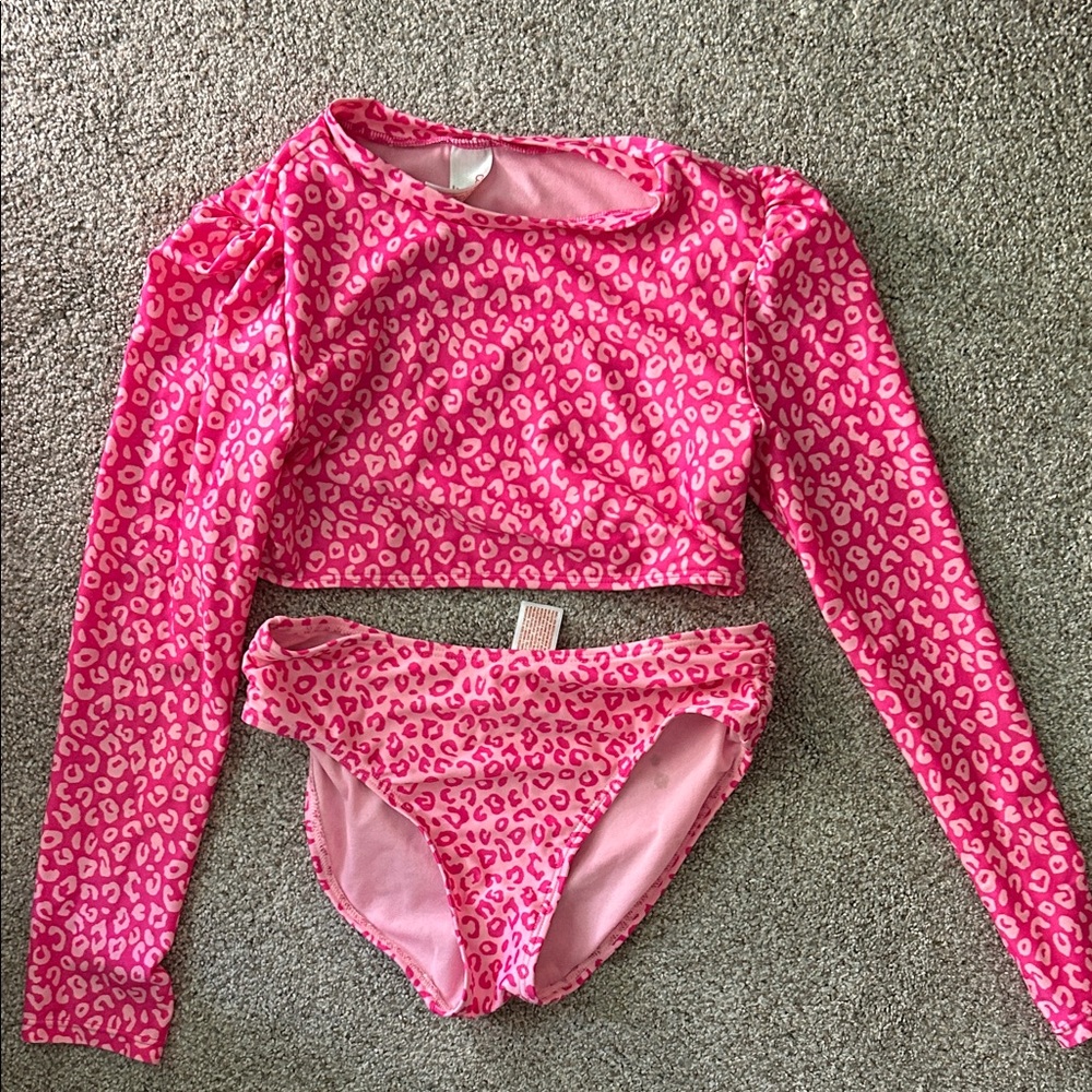Cat & Jack Girls Hot Pink Leopard Long-Sleeve Two-Piece Swim Set
